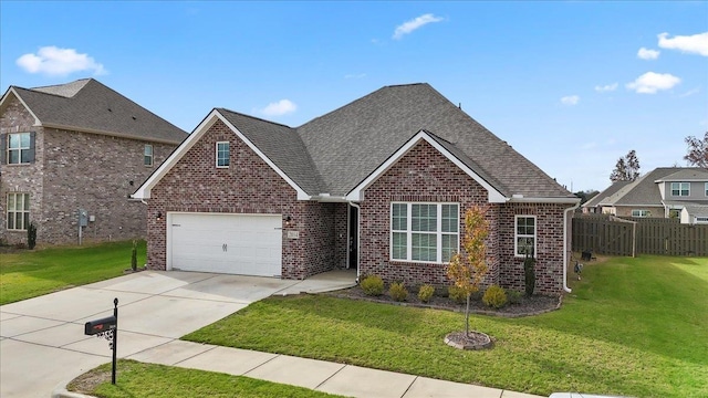 front facade with a garage and a front lawn