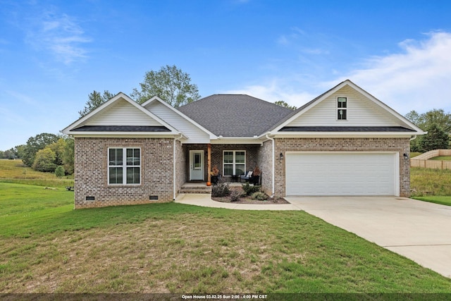 craftsman inspired home featuring a garage, concrete driveway, crawl space, a front lawn, and brick siding