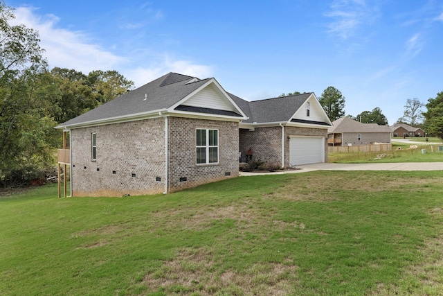 single story home with a front yard, crawl space, brick siding, and driveway