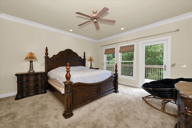 bedroom featuring ceiling fan, ornamental molding, light carpet, and access to outside