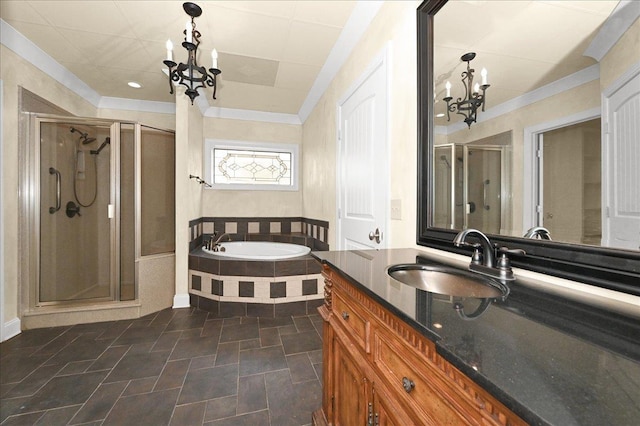 bathroom featuring independent shower and bath, vanity, a notable chandelier, and crown molding