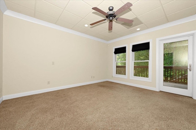 carpeted empty room featuring a drop ceiling, ornamental molding, and ceiling fan