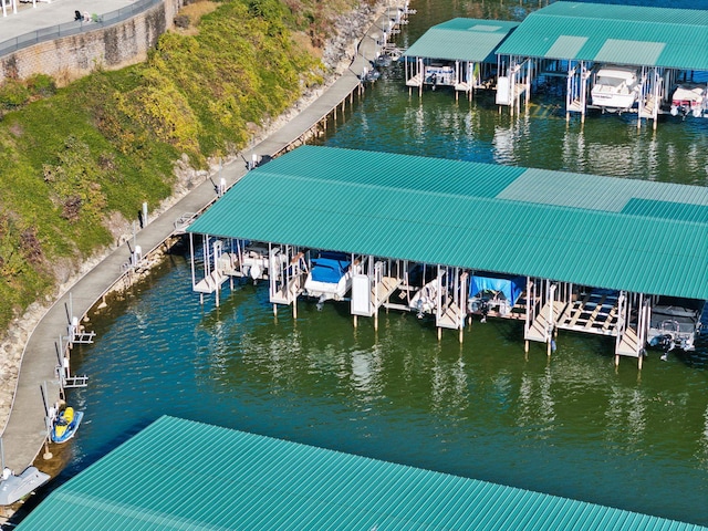 view of dock featuring boat lift and a water view