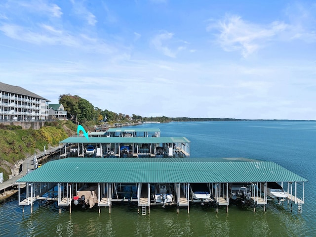 view of dock with a water view and boat lift
