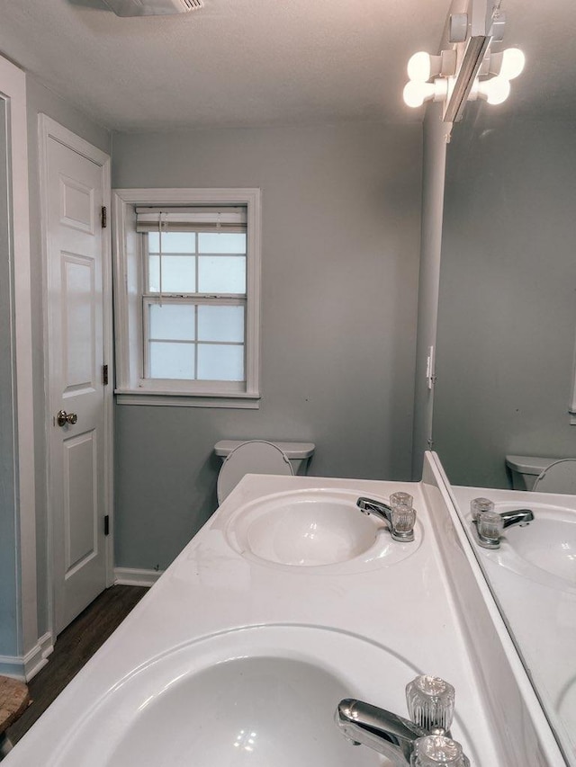 bathroom featuring a sink, toilet, double vanity, and wood finished floors