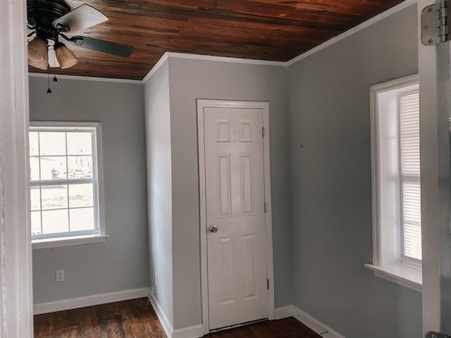 empty room featuring baseboards, ceiling fan, ornamental molding, and wood ceiling