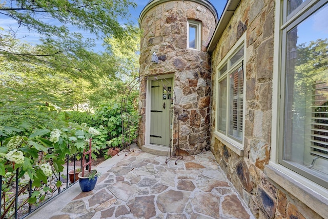 doorway to property featuring stone siding