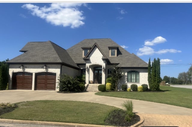 french country style house featuring a front lawn and a garage