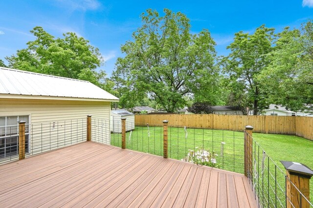  - wooden deck with a storage shed and a fenced backyard