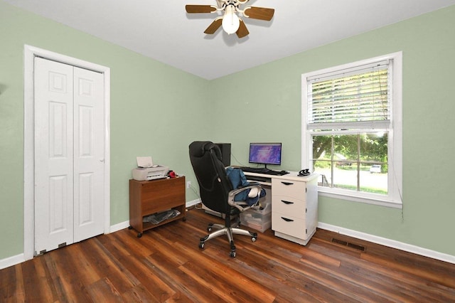  - office space with a ceiling fan, plenty of natural light, and dark wood finished floors