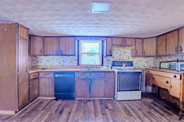 kitchen with dishwasher, a sink, range with electric cooktop, and dark wood-style floors