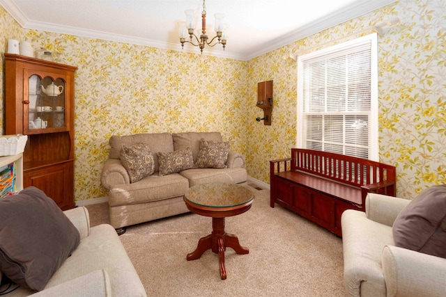 carpeted living room featuring an inviting chandelier and ornamental molding