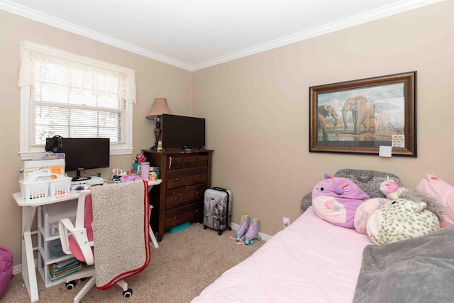 carpeted bedroom featuring ornamental molding