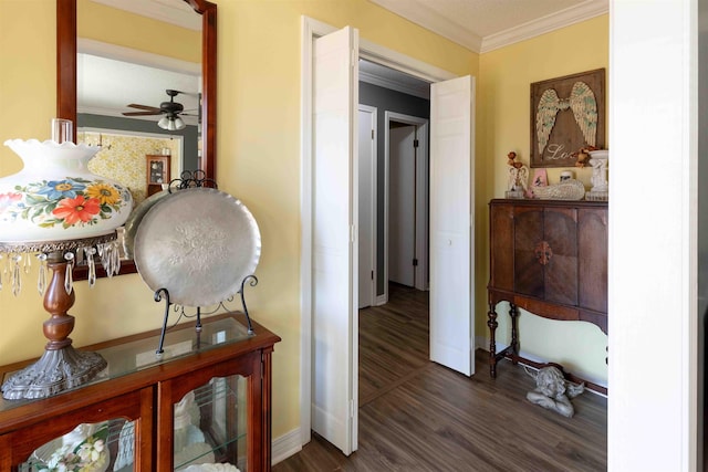 hall featuring dark hardwood / wood-style floors and crown molding