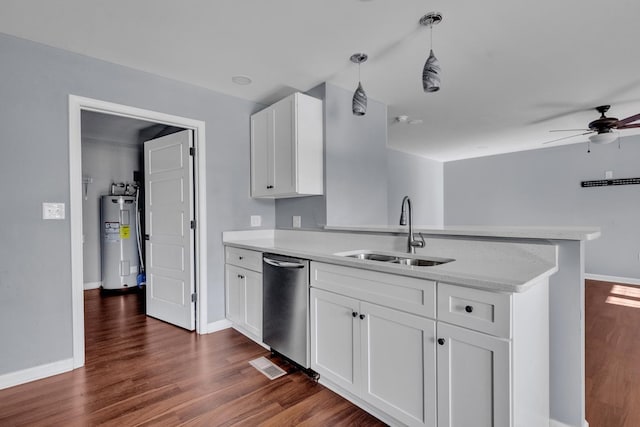 kitchen with white cabinetry, sink, electric water heater, stainless steel dishwasher, and pendant lighting