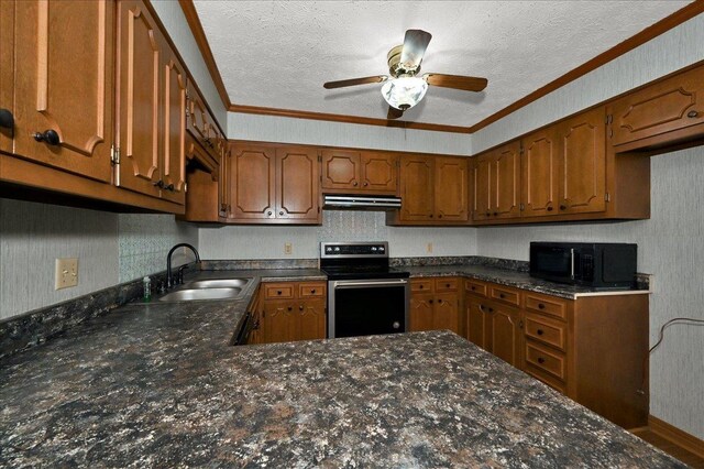  - kitchen with stainless steel electric stove, black microwave, under cabinet range hood, a sink, and brown cabinets