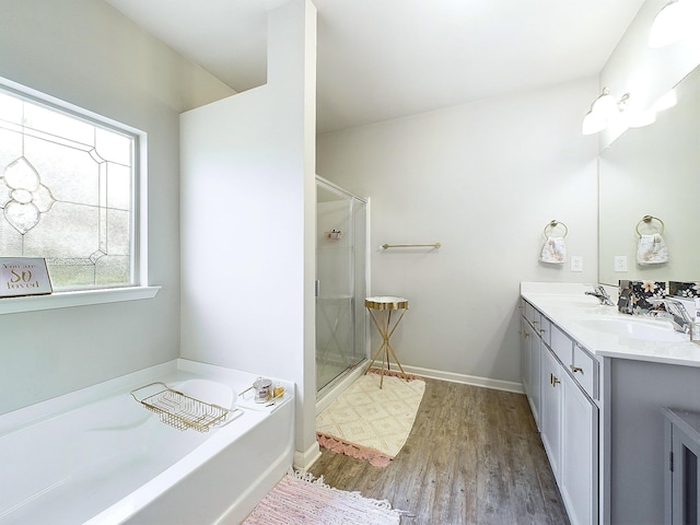 bathroom featuring vanity, wood-type flooring, and independent shower and bath