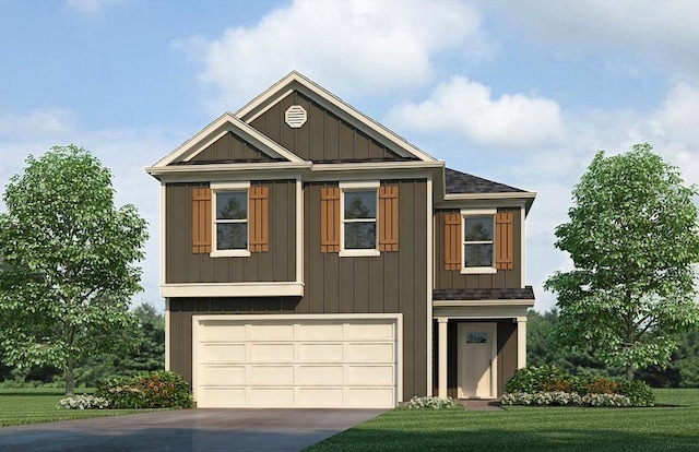 craftsman-style home with board and batten siding, driveway, roof with shingles, and a garage