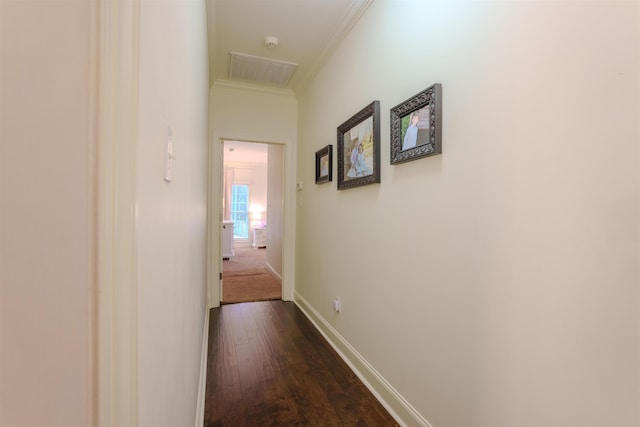 corridor with dark hardwood / wood-style flooring and crown molding