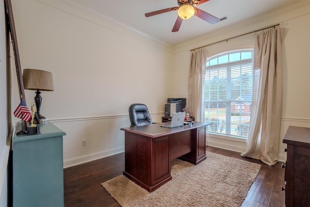 office space with crown molding, ceiling fan, and dark hardwood / wood-style floors