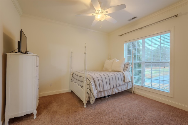 bedroom with multiple windows, carpet flooring, and ceiling fan