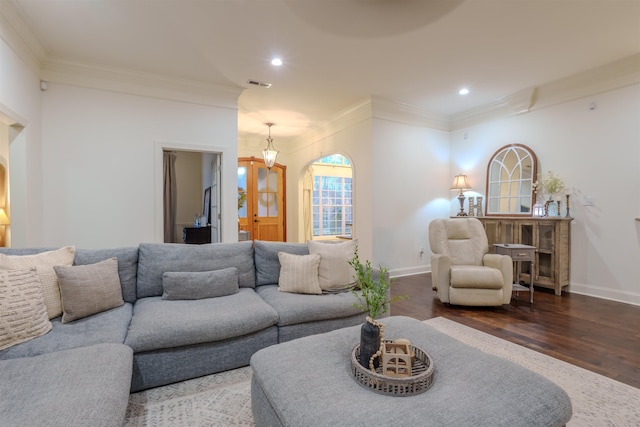 living room featuring crown molding and dark wood-type flooring