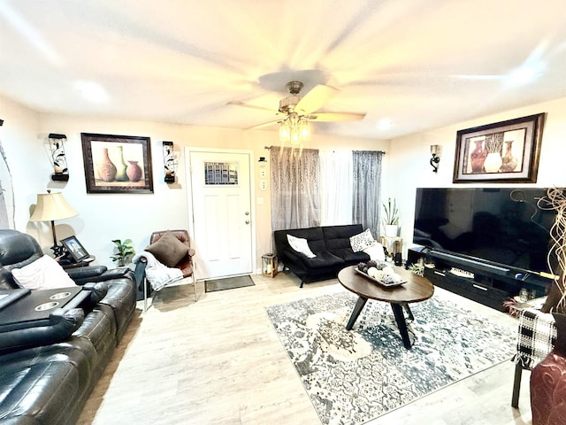 living room featuring ceiling fan and wood-type flooring