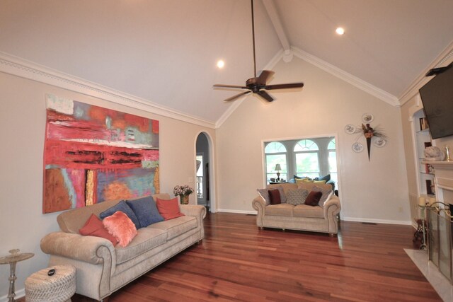 living area with a fireplace with flush hearth, wood finished floors, baseboards, beamed ceiling, and arched walkways