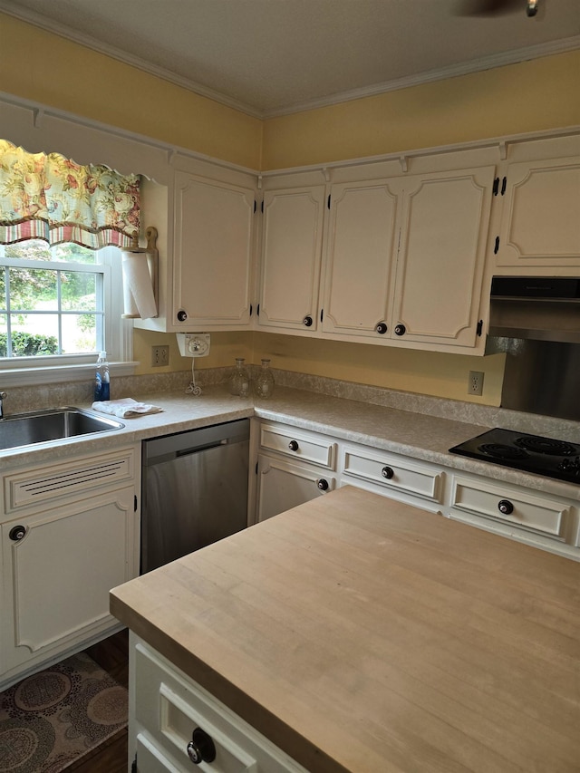 kitchen with ornamental molding, black electric cooktop, white cabinetry, stainless steel dishwasher, and range hood