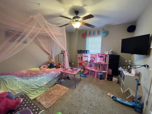 bedroom featuring carpet flooring and ceiling fan