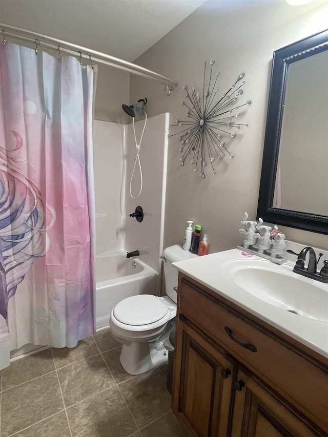 full bathroom with vanity, shower / bath combination with curtain, and toilet