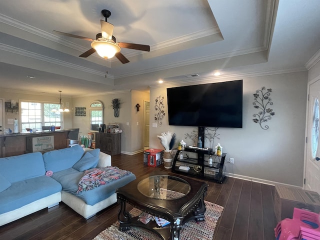 living room with dark hardwood / wood-style flooring, a raised ceiling, and crown molding