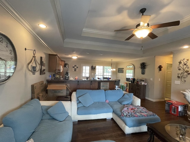 living room with ceiling fan with notable chandelier, dark hardwood / wood-style flooring, a tray ceiling, and ornamental molding