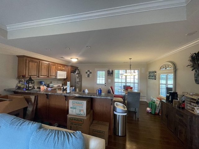 kitchen with white appliances, crown molding, dark hardwood / wood-style floors, decorative light fixtures, and kitchen peninsula