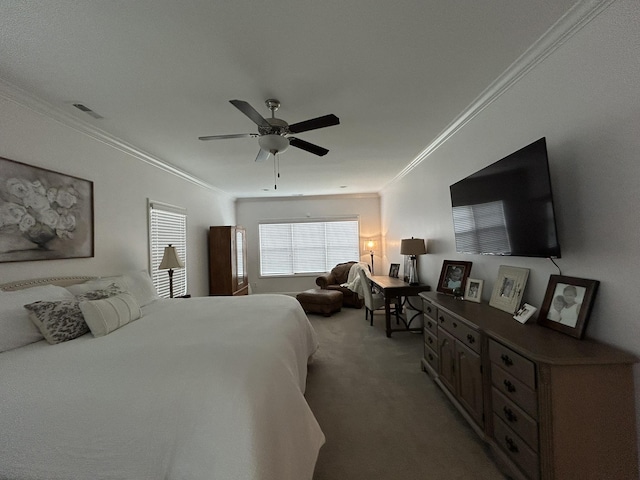  - bedroom featuring crown molding, light carpet, and ceiling fan