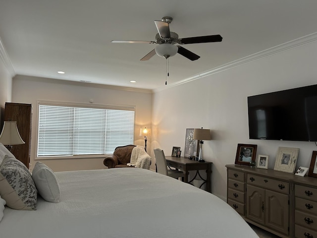  - bedroom with ornamental molding, ceiling fan, and recessed lighting