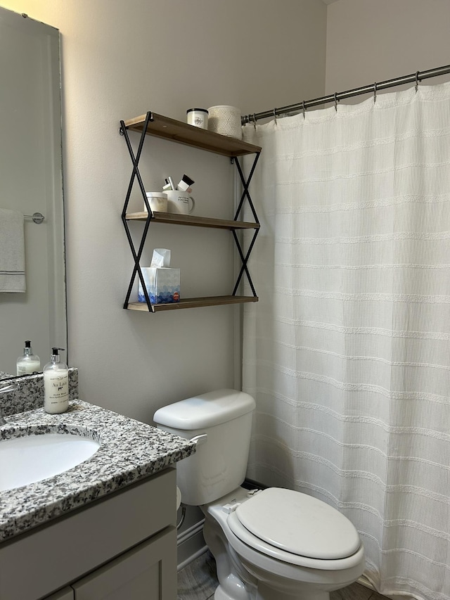  - bathroom with toilet, vanity, and a shower with shower curtain