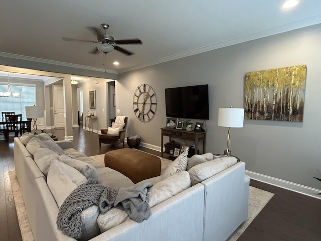  - living room with wood finished floors, baseboards, a ceiling fan, crown molding, and recessed lighting
