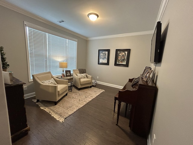  - living area featuring ornamental molding, baseboards, and dark wood-style flooring