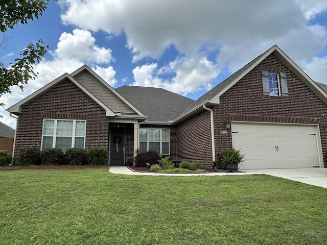 - view of front facade featuring brick siding, a front yard, concrete driveway, a garage, and roof with shingles