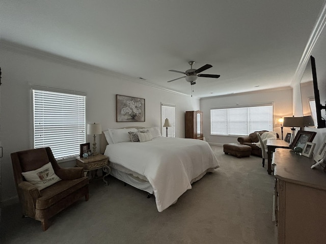  - bedroom with light carpet, crown molding, and ceiling fan