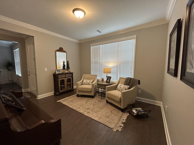  - sitting room with baseboards, dark wood-style floors, crown molding, and plenty of natural light