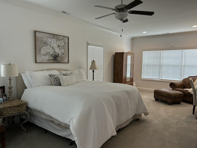  - bedroom with carpet floors, crown molding, baseboards, a ceiling fan, and recessed lighting