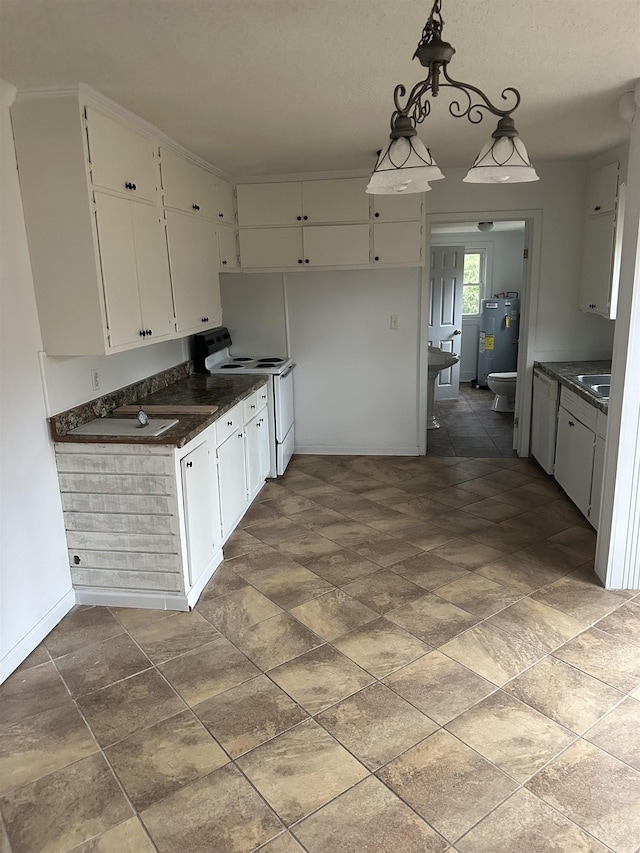 kitchen with white cabinets, electric stove, hanging light fixtures, and water heater