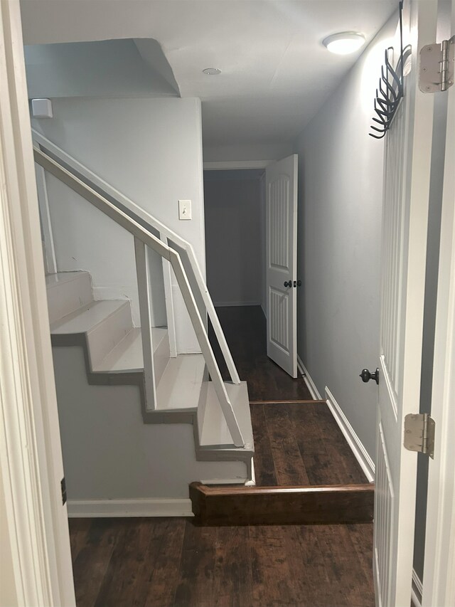 staircase with hardwood / wood-style flooring