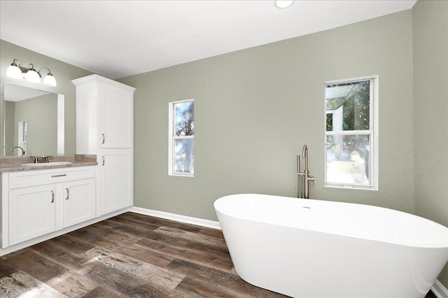 bathroom with vanity, a bath, and hardwood / wood-style flooring