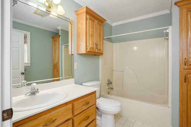 full bathroom featuring toilet, vanity,  shower combination, crown molding, and tile patterned floors