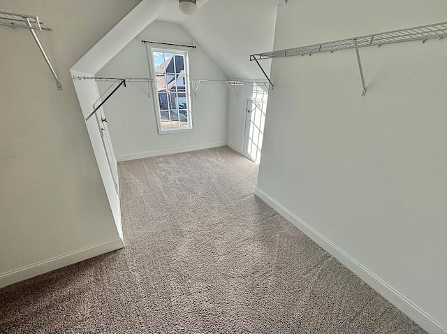 walk in closet featuring lofted ceiling and carpet