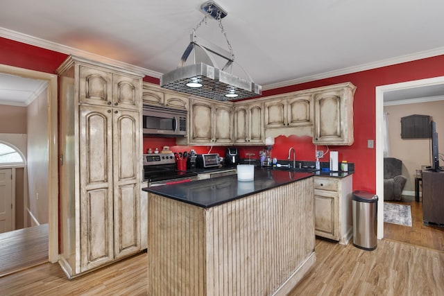  - kitchen with appliances with stainless steel finishes, light wood-type flooring, dark countertops, ornamental molding, and a kitchen island