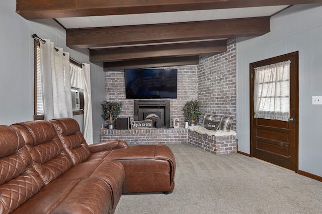  - living room with beam ceiling, carpet flooring, a brick fireplace, and cooling unit